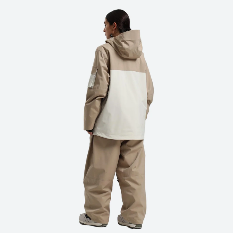 Women's waterproof 2L snow jacket and pants - tan and cream colorblock jacket with tan pants, for skiing and snowboarding