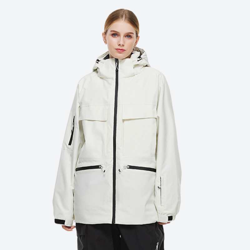 Women's breathable ski jacket in candy colors - white jacket, on-model front view, for powder days and winter commute