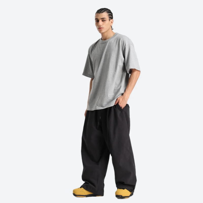Unisex snowboard jacket and pants set - black snow pants with gray tee, for resort and street wear