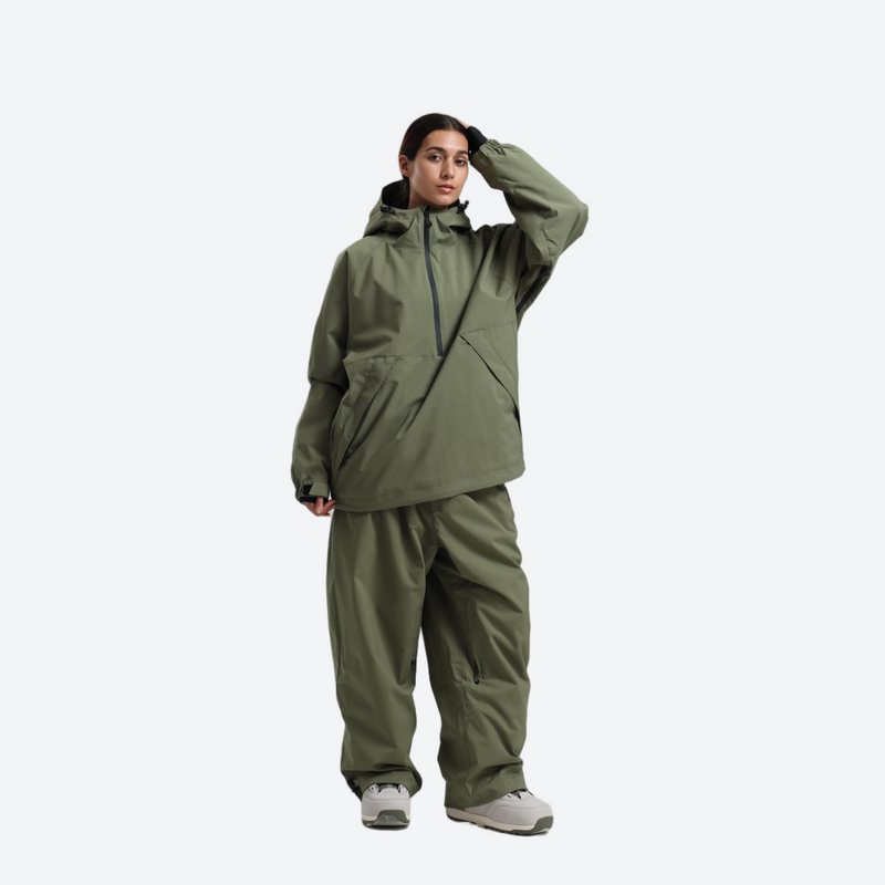 Women's 2-layer snowboard jacket and pants - sage green anorak jacket with sage pants, for powder days and winter commute