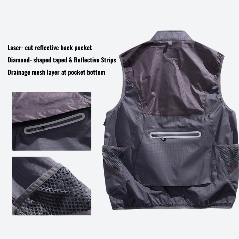 Unisex detachable waterproof jacket with vest mode - black, back pocket stow infographic, for travel and daily commute