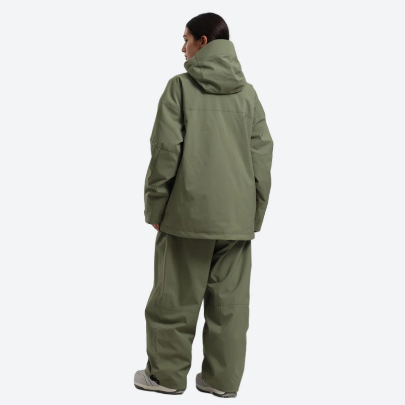 Women's breathable ski jacket with chest zip pockets - olive green jacket with olive pants, on-model back view