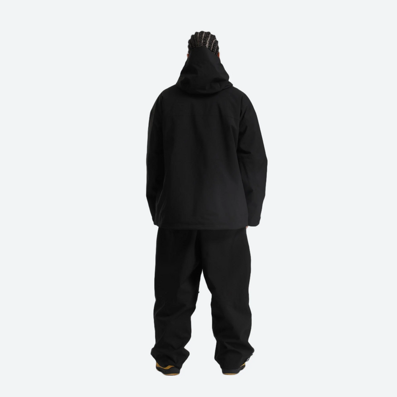 Men's waterproof 2L snow jacket and pants - black jacket with black pants, on-model back view, for cold-weather winter sports