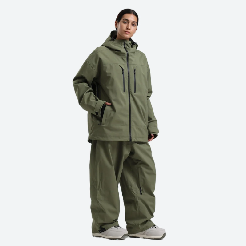 Women's waterproof 2L snow jacket and pants - olive green jacket with olive pants, for resort and street wear