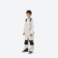 
                  
                    Kids 3L waterproof snow jacket and pants suit - cream bib pants with black knee patches, for family resort ski days
                  
                