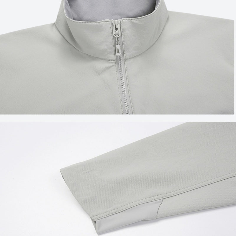 Men's waterproof softshell jacket - light gray, collar and cuff close-up detail insets, for hiking and trekking