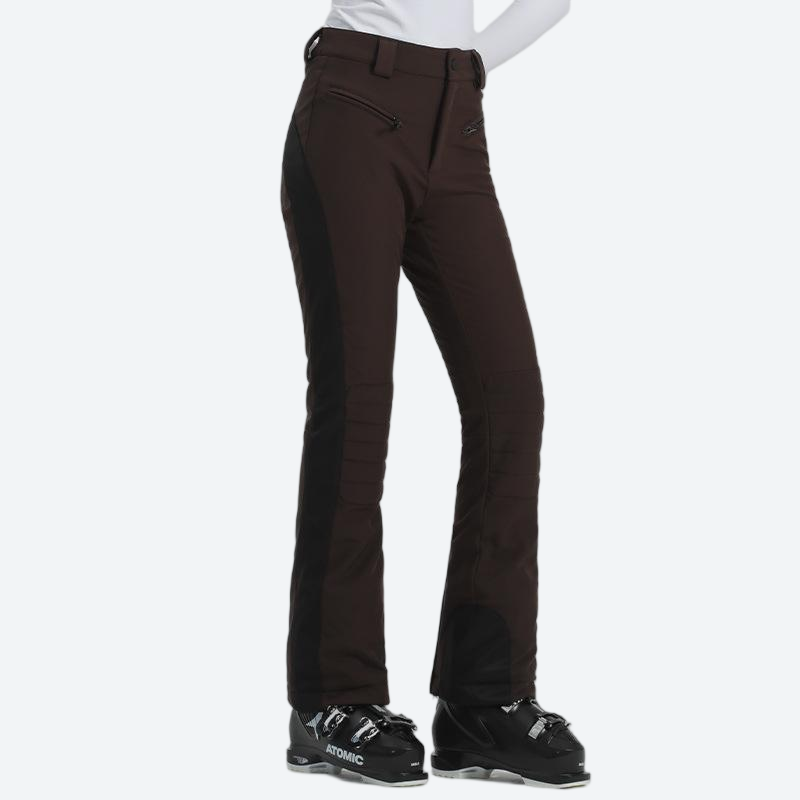 Women's adjustable ski pants with inner snow skirt - brown ski pants, front three-quarter view, for resort ski days