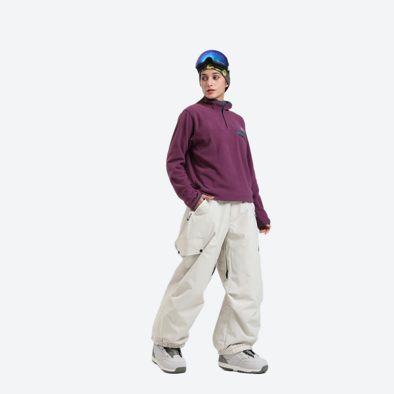 Unisex breathable wide-leg ski pants - cream snow pants with purple pullover, for skiing and snowboarding