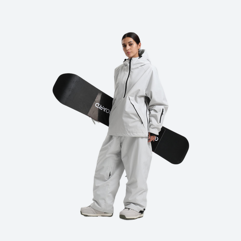 Women's 2-layer snowboard jacket and pants - light gray anorak jacket with white pants, for resort and street wear