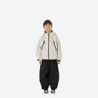 
                  
                    Kids 3L waterproof snow jacket and pants suit - cream jacket with black pants, for family resort ski days
                  
                