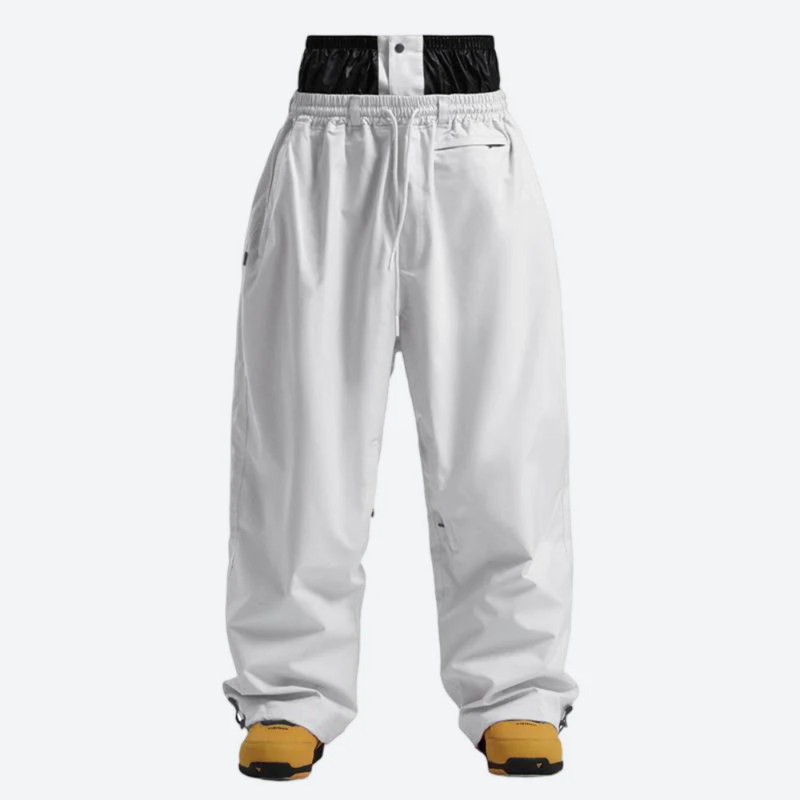 Men's minimalist breathable ski jacket set - white snow pants, flat lay front view, for resort and street wear