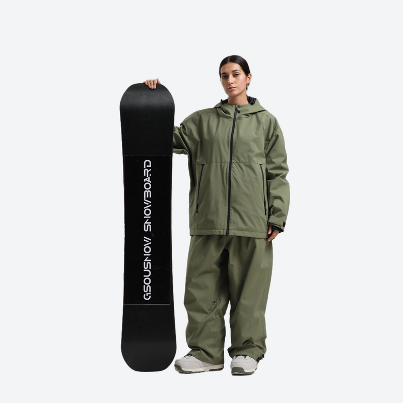 Women's 2-layer snowboard jacket and pants - sage green jacket with sage pants, for resort and street wear