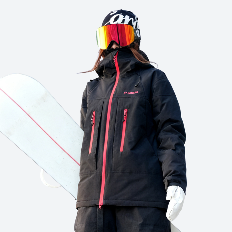 Unisex 3-layer snowboard jacket and pants - black jacket, on-model front with upright snowboard, for skiing and snowboarding
