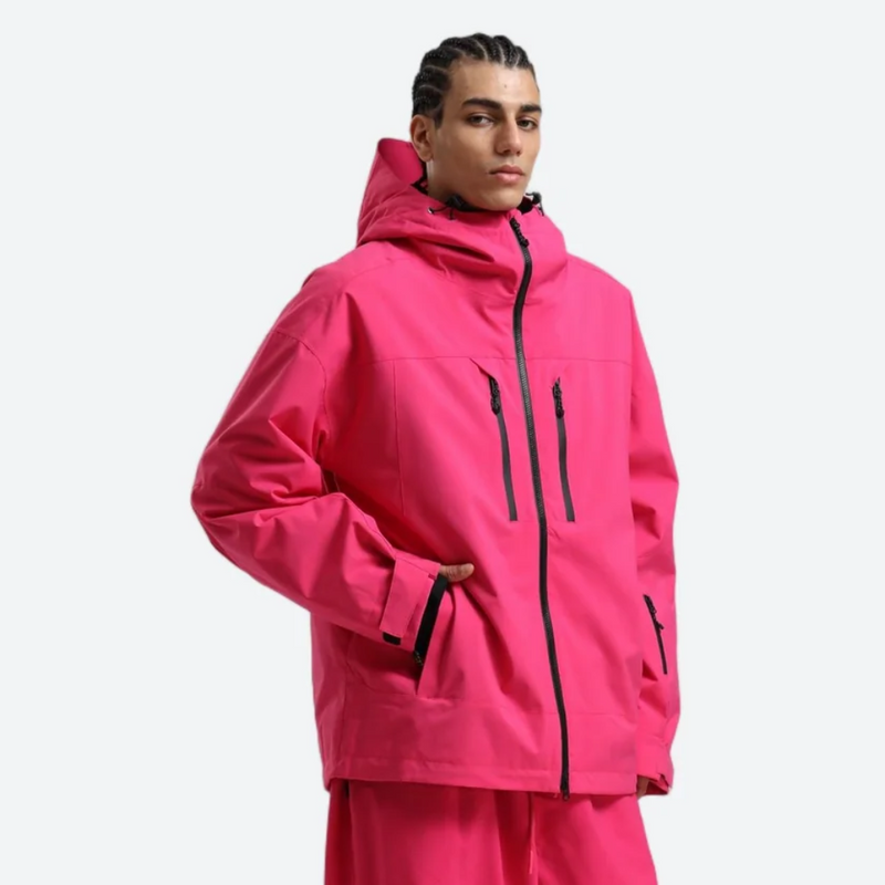 Men's waterproof 2L snow jacket and pants - pink jacket, on-model three-quarter front view, for skiing and snowboarding