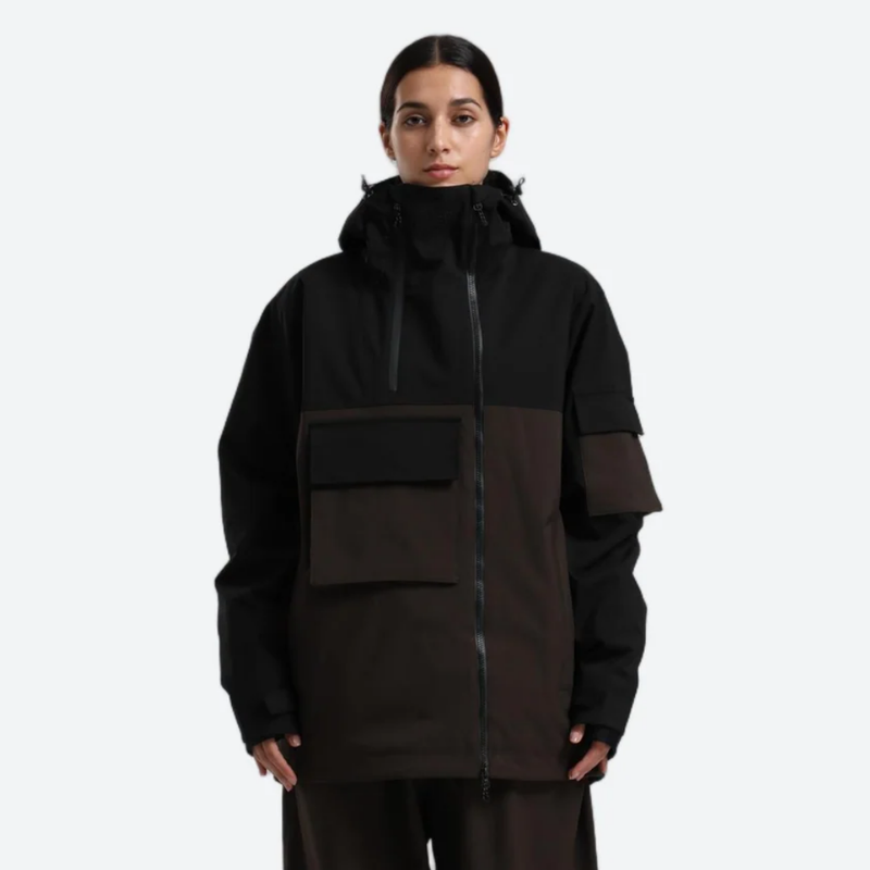Women's colorblock ski pullover set - black and coffee brown colorblock, on-model front view, for cold-weather winter sports