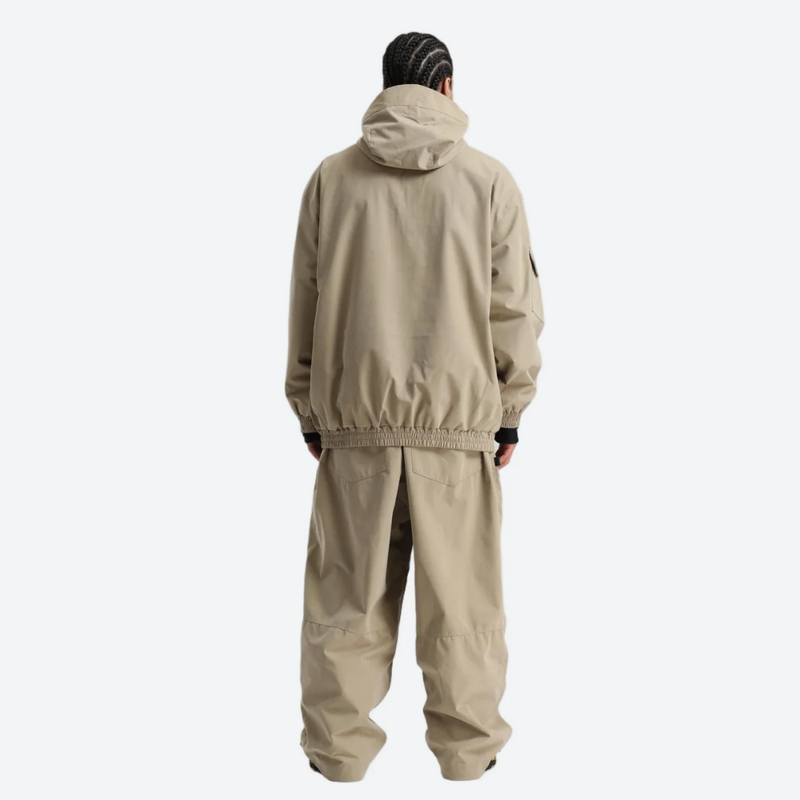 Unisex snowboard jacket and pants set - tan jacket with tan pants, on-model back view, for powder days and winter commute