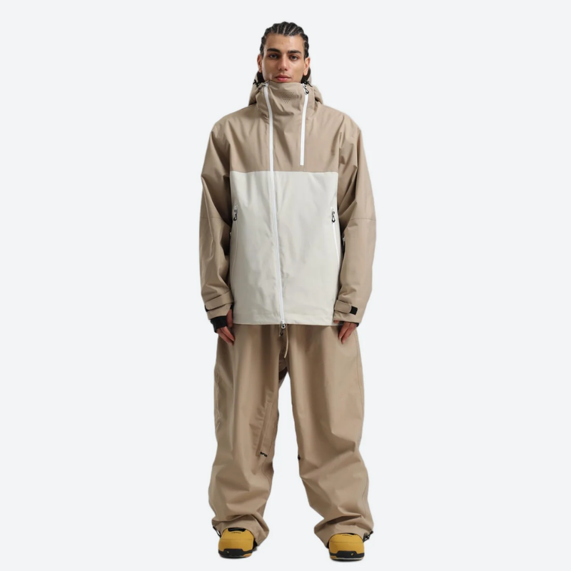 Men's breathable 2L snowboard jacket and pants - tan and white colorblock, on-model front view, for skiing and snowboarding