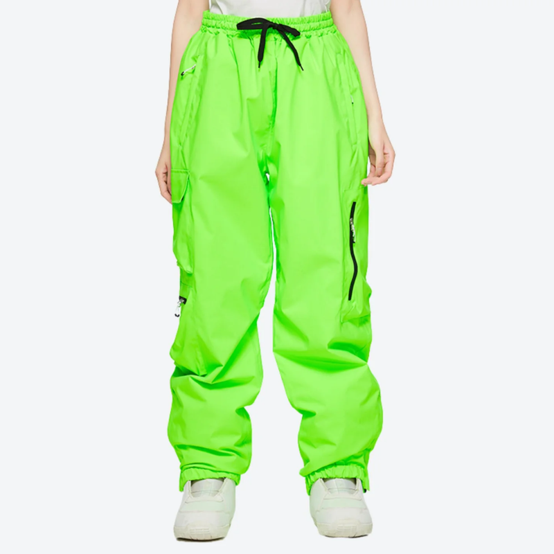 Men's 2-layer snowboard jacket and pants - neon green snow pants, on-model front view, for cold-weather winter sports