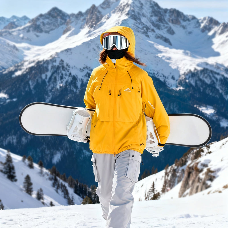 Men's 3-layer snowboard jacket and pants - amber orange, for resort and backcountry days