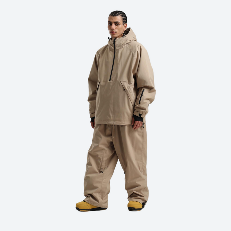 Men's waterproof 2L anorak snow jacket and pants - tan jacket with tan pants, for cold-weather winter sports