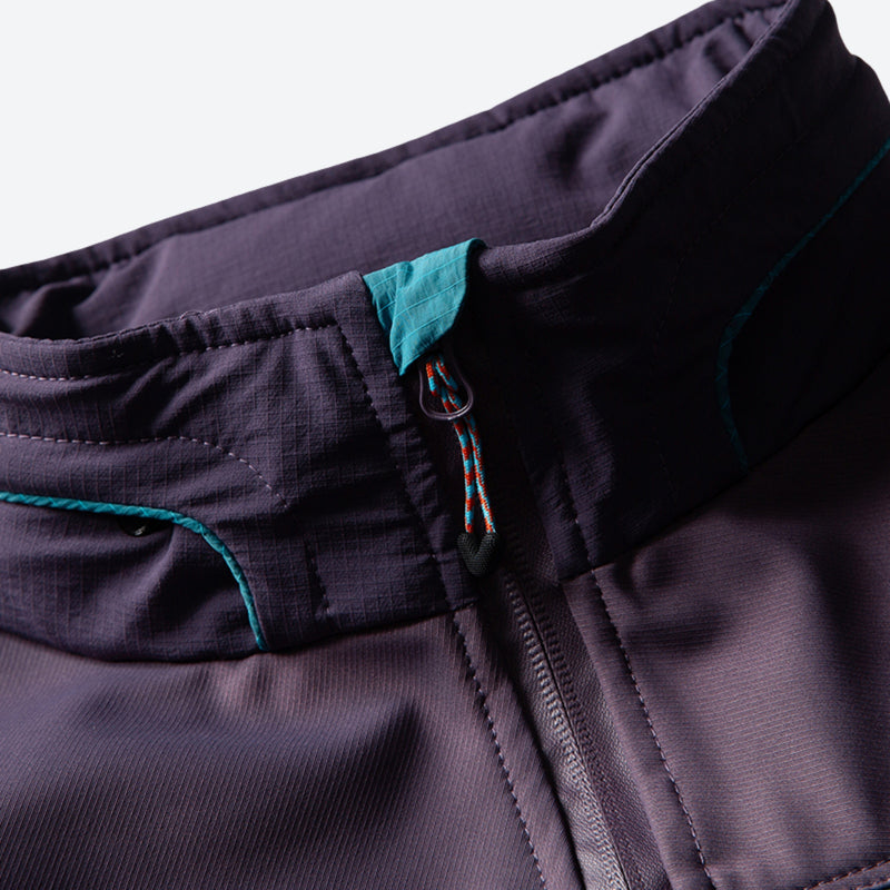 Breathable water-repellent camo softshell set - purple, collar zip close-up detail, for hiking and travel