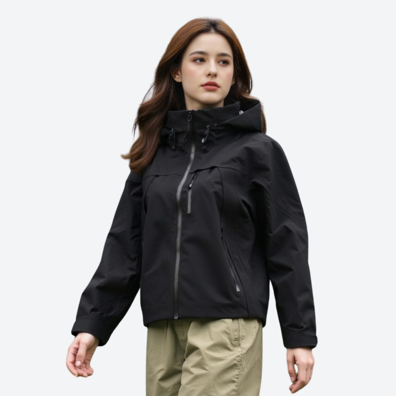 Women's breathable 3-layer hooded rain jacket - black waterproof jacket, for travel and daily commute