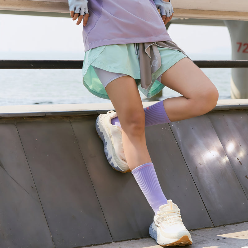 Women's breathable trail shorts with inner liner - mint quick-dry shorts with purple top, for hiking and trail walking