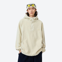 
                  
                    Breathable hooded pullover anorak with snap front - cream hooded mid-layer pullover with beanie and sunglasses
                  
                