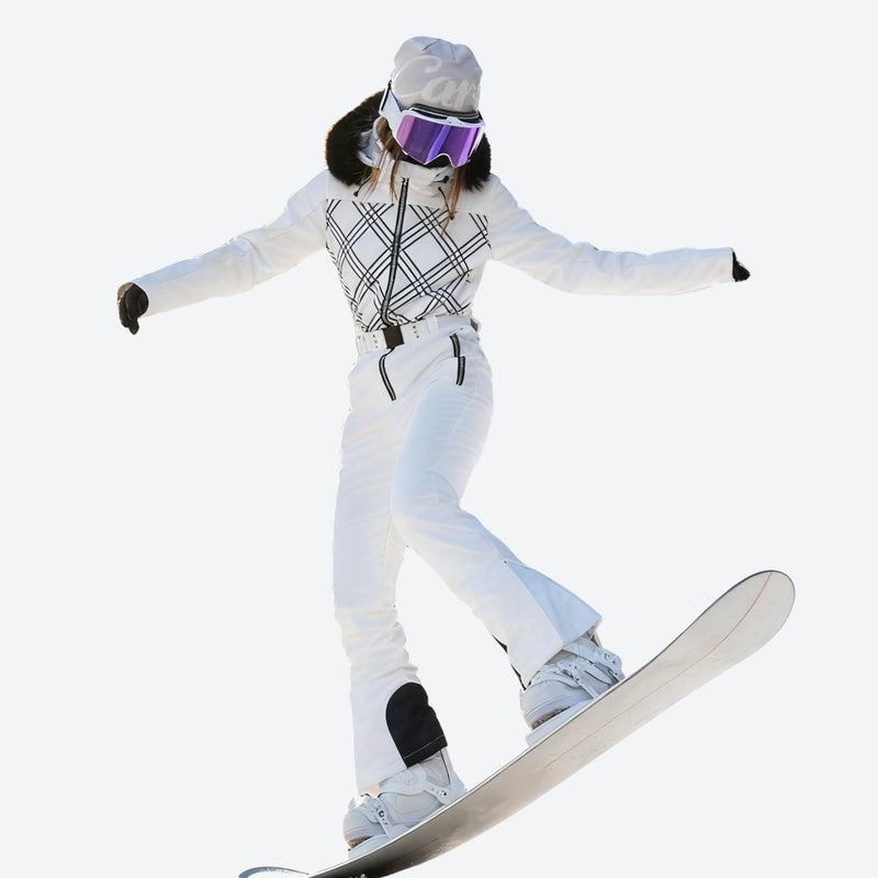 Women's check pattern one-piece snowboard suit - white check one-piece snow suit, for skiing and snowboarding