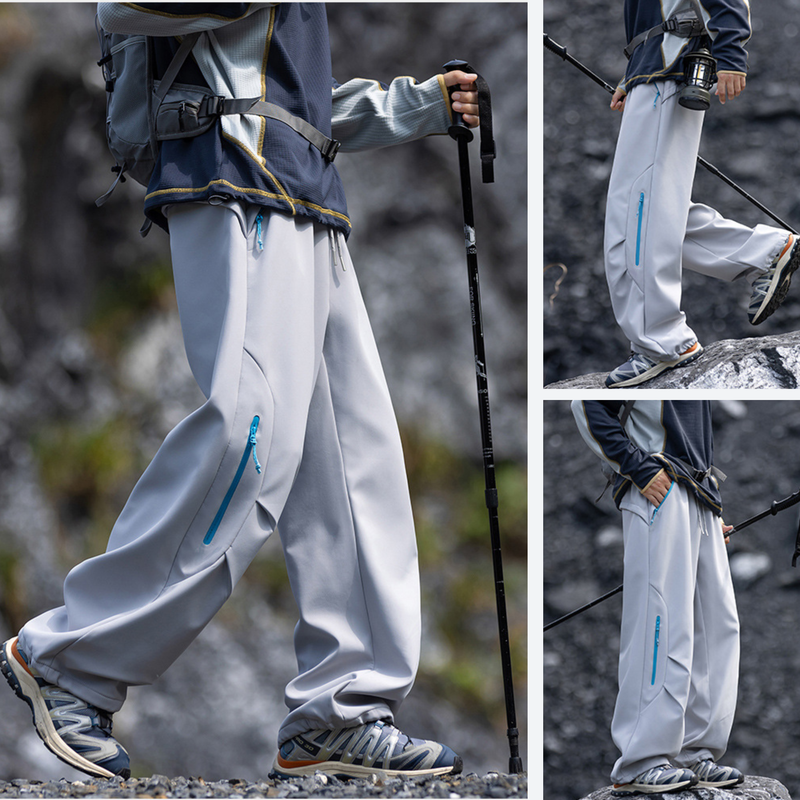 Breathable warm trail pants with soft fleece lining - light gray fleece-lined hiking pants with dark jacket