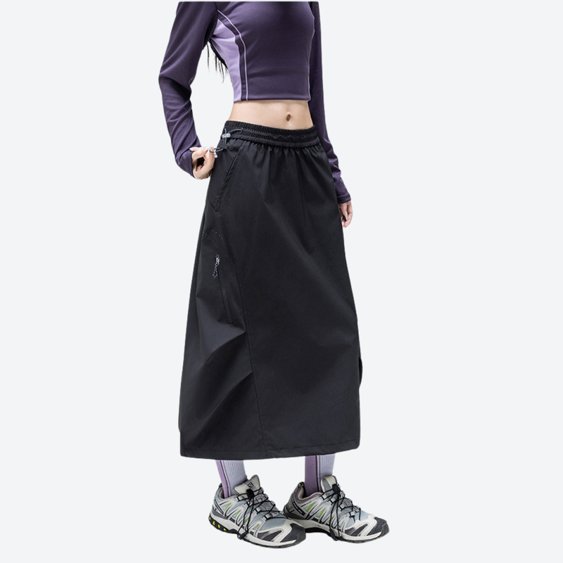 Outdoor long skirt with side zip pockets - black water-repellent long skirt on women, for daily commute and office
