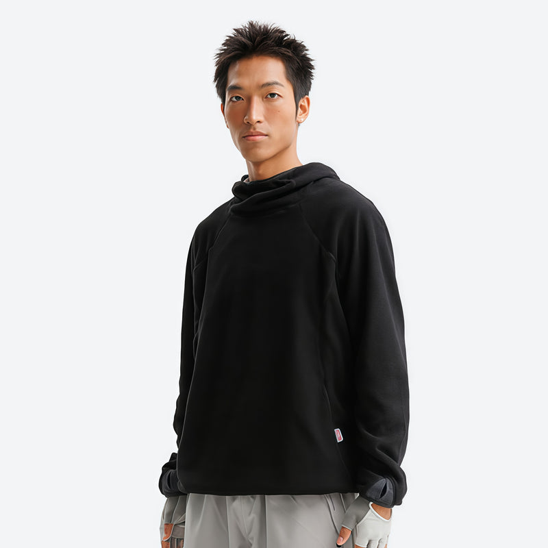 Wrinkle-resistant hooded mid-layer with thumb cuffs - black hooded mid-layer pullover on men, front standing view
