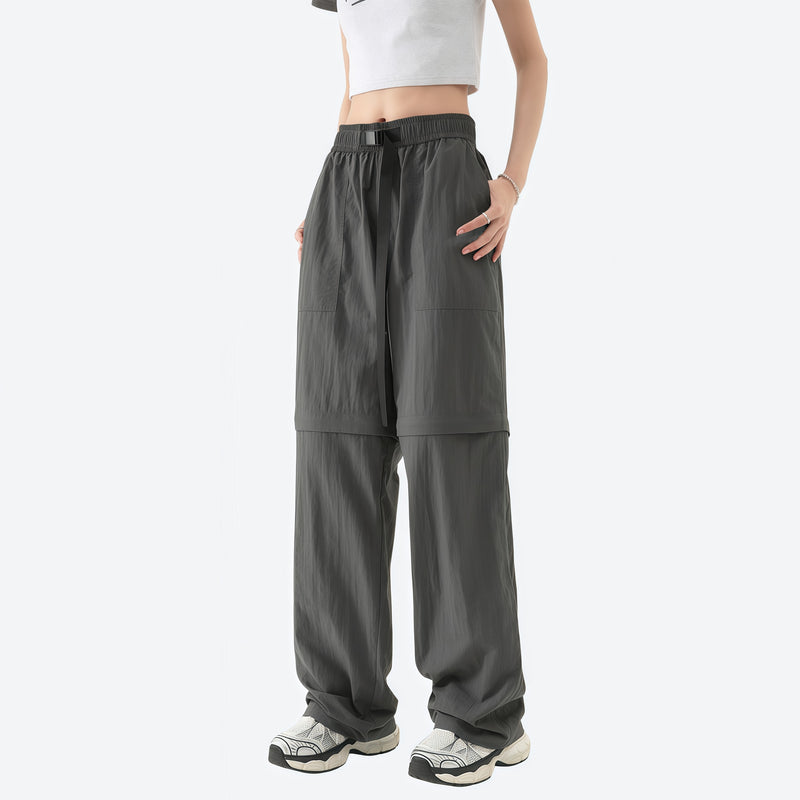 Women's quick-dry trail pants converting to shorts - dark gray zip-off hiking pants with black top