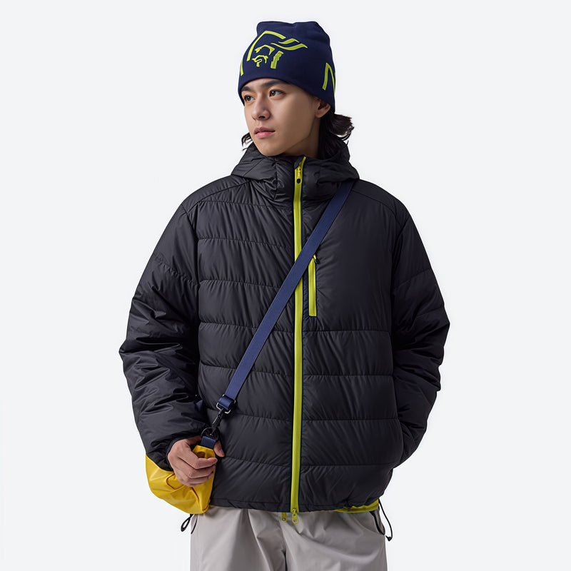 Insulated duck down jacket with contrast lining - black waterproof duck down hooded jacket on men with beanie and crossbody b
