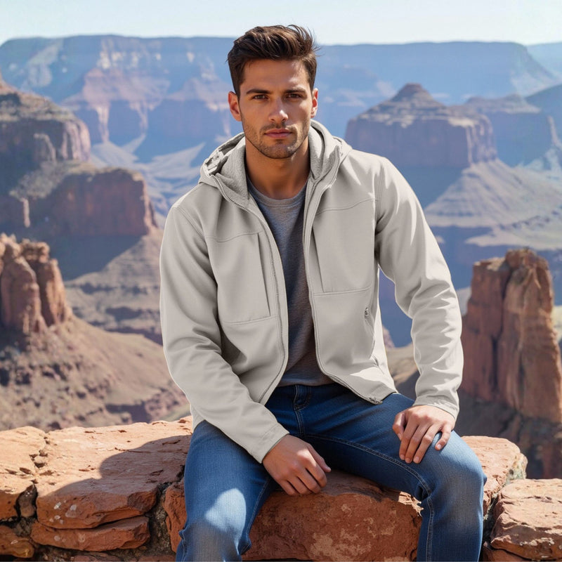 Men's breathable softshell rain jacket with hood - light gray softshell jacket, for resort and street wear