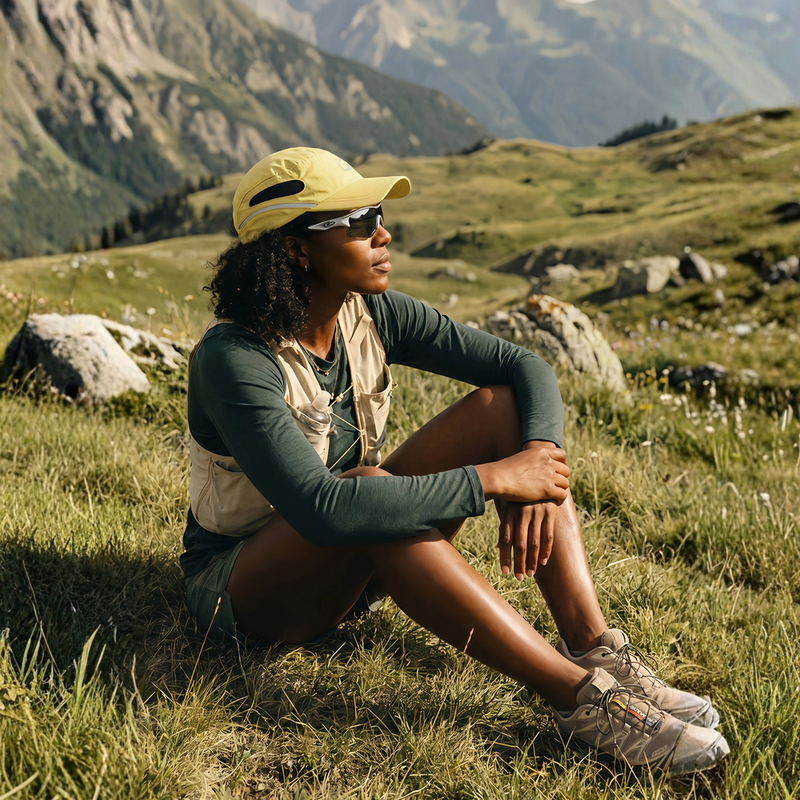 Ultralight packable running cap with reflectivity - yellow featherlight running cap on women sitting meadow, sitting view