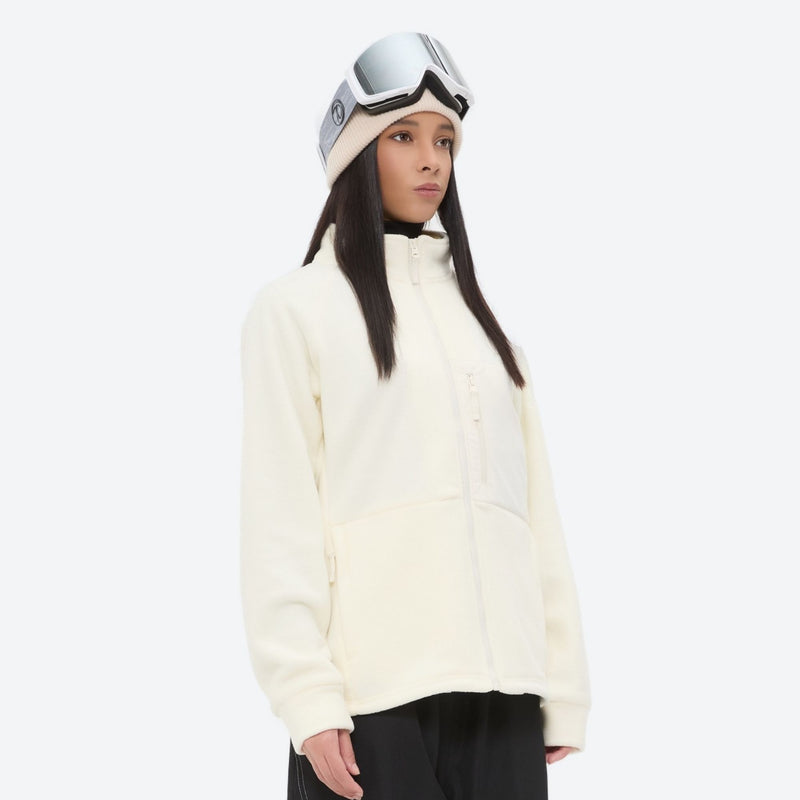 Soft warm fleece liner jacket for cold days - cream fleece liner jacket on women with goggles, for travel and daily commute