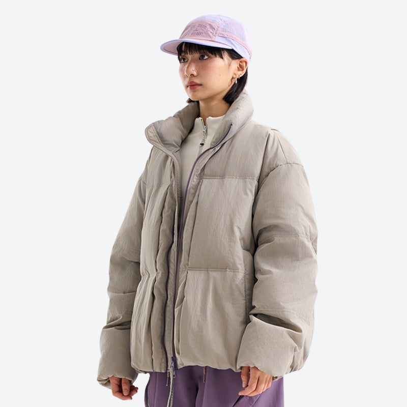 Boxy insulated down jacket with stand collar - taupe windproof stand-collar down jacket on women with cap