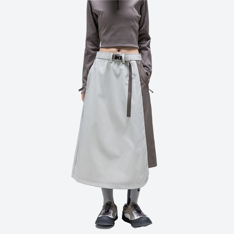 Color-block outdoor long skirt with drawstring waist - light gray brown color-block long skirt on women, front standing view