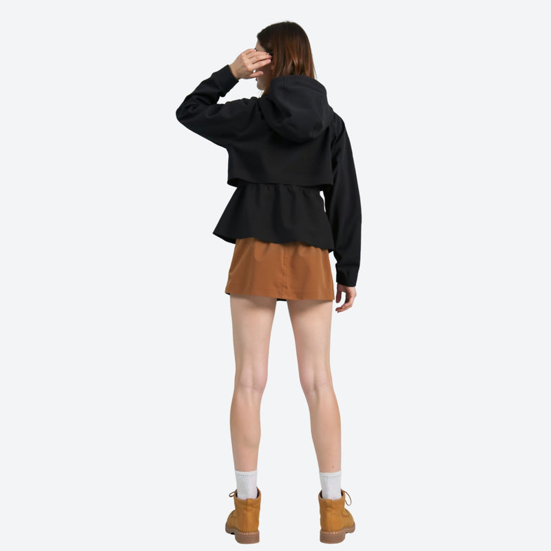 Women's breathable 3-layer shell with waist cinching fit - black hardshell jacket, for mountain and forest outings