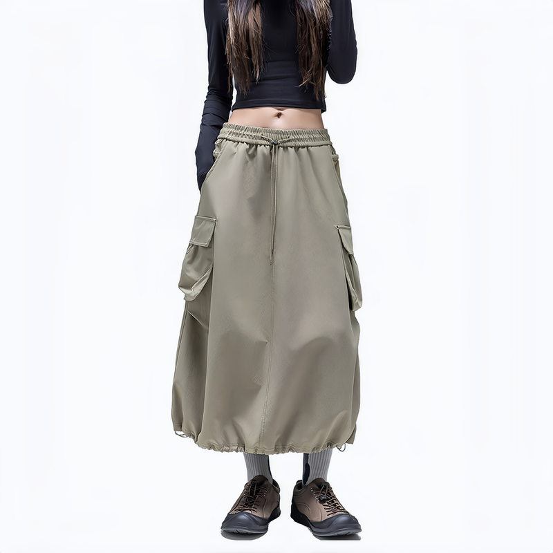 Water-repellent cargo long skirt PFOS PFOA free - khaki green cargo long skirt on women, for travel and city walks