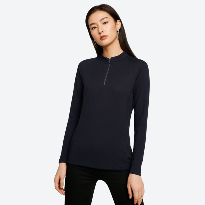 Women's slim-fit pure merino wool long-sleeve - black merino wool half-zip top on women, for hiking and trail walking