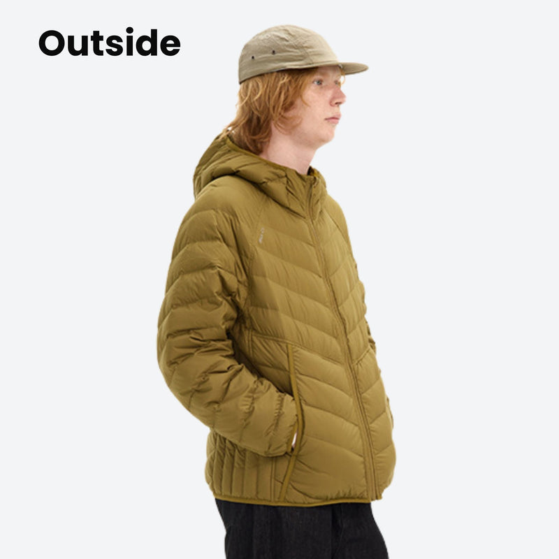 90 goose down reversible hooded jacket - olive yellow 90 goose down reversible jacket on men with bucket hat