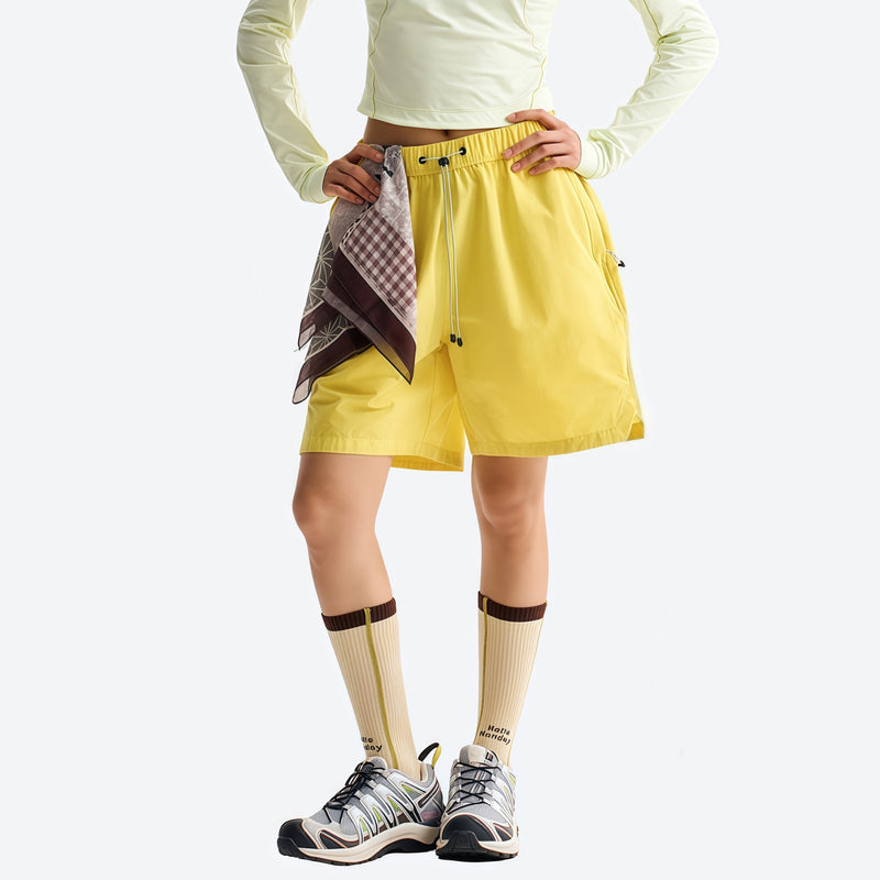 Breathable lightweight trail shorts - yellow quick-dry shorts with scarf at waist, for cycling and outdoor weekends