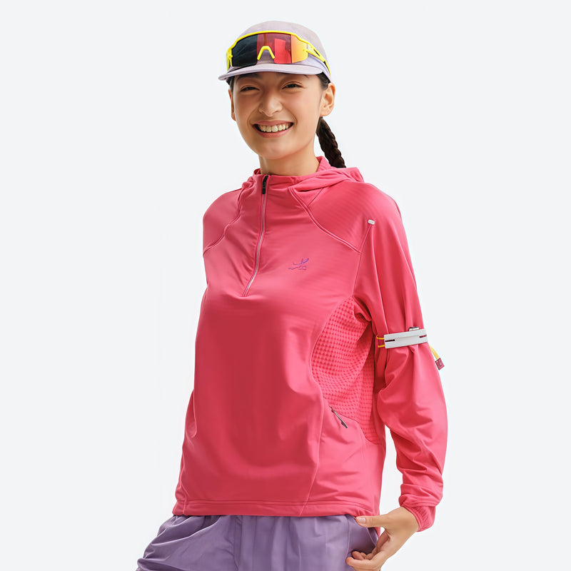 Breathable half-zip mid-layer with recycled fabric - pink quick-dry lightweight half-zip mid-layer on women with cap