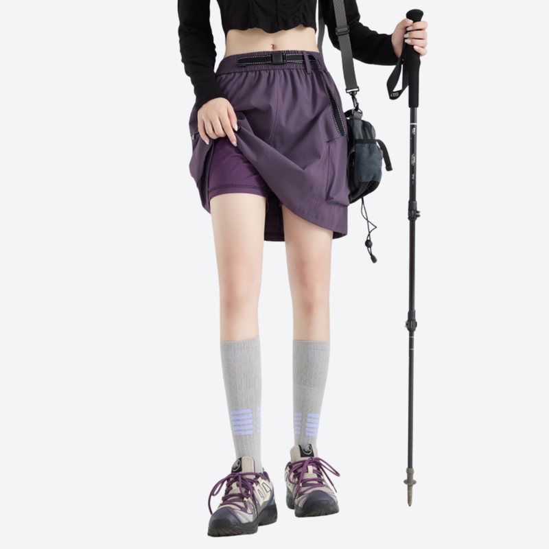 Women's quick-dry hiking skirt with inner shorts - purple cargo skort with built-in shorts, for camping and outdoor weekends