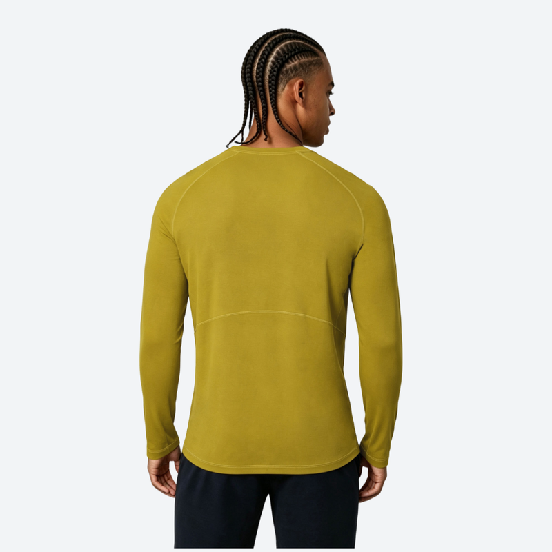Men's breathable merino blend long-sleeve baselayer - yellow merino wool quick-dry base layer top on men, back standing view