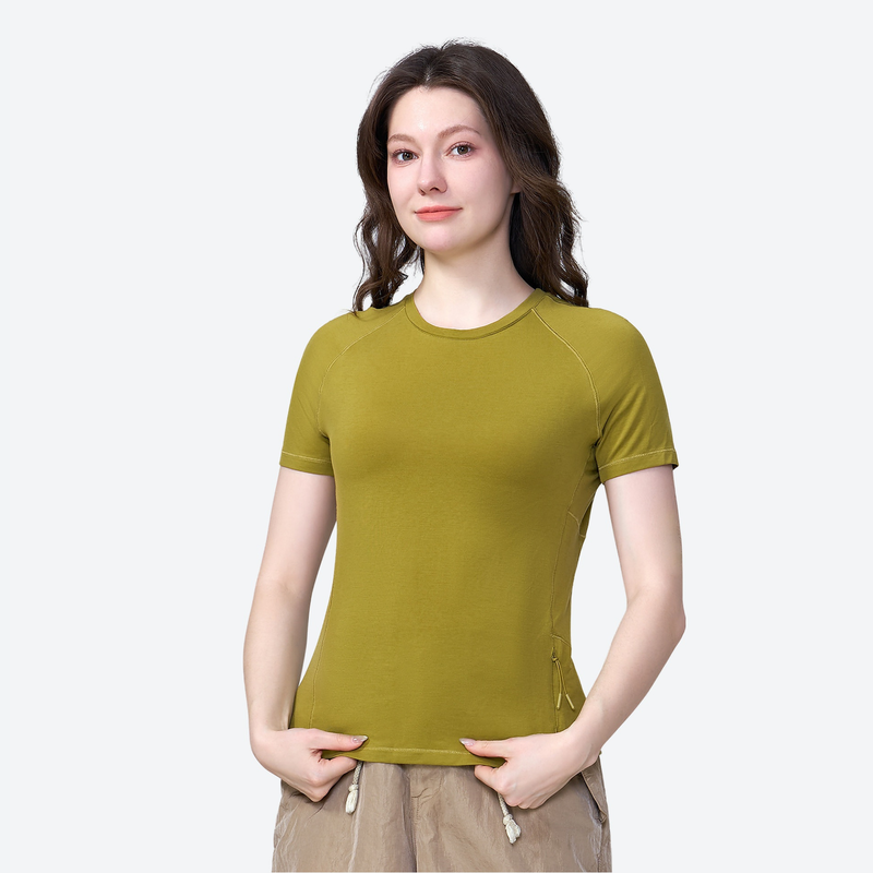 Women's seamless merino wool base layer top - olive green merino wool quick-dry tee, for travel and daily commute