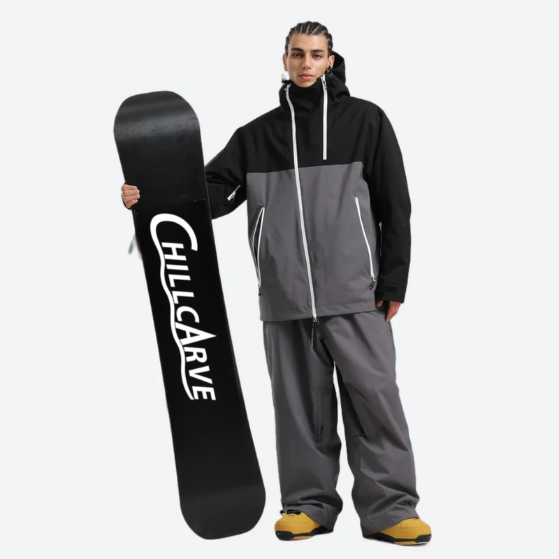 Men's waterproof 2L pullover snow jacket and pants - black and gray colorblock, for cold-weather winter sports