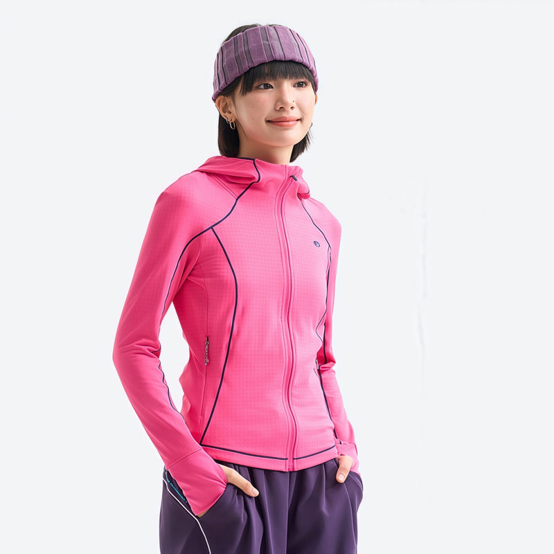 Women's slim UPF50 sun protection jacket - rose pink slim fit sun jacket on women with headband, slim cut moves with body